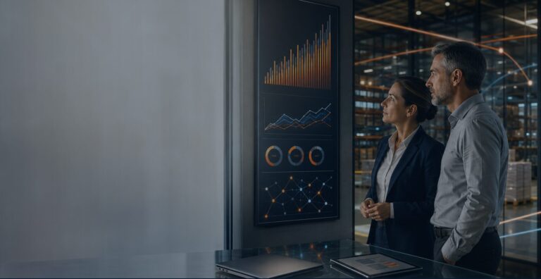 Executivos analisando painel de BI durante um projeto de recuperação de ICMS-ST em escritório corporativo moderno.