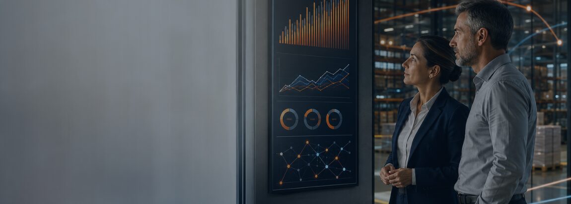 Executivos analisando painel de BI durante um projeto de recuperação de ICMS-ST em escritório corporativo moderno.